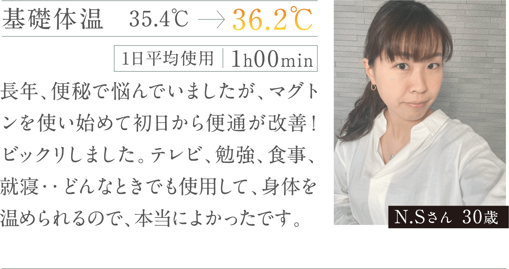 長年、便秘で悩んでいましたが、マグトンを使い始めて初日から便通が改善！